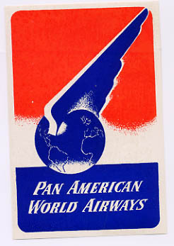 A 1940s Pan Am baggage label.  The red, white and blue colors suggest that the label may have been used during World War II.
